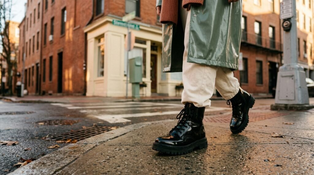 Glossy black lug-sole ankle boots and a waterproof coat on an urban street corner.