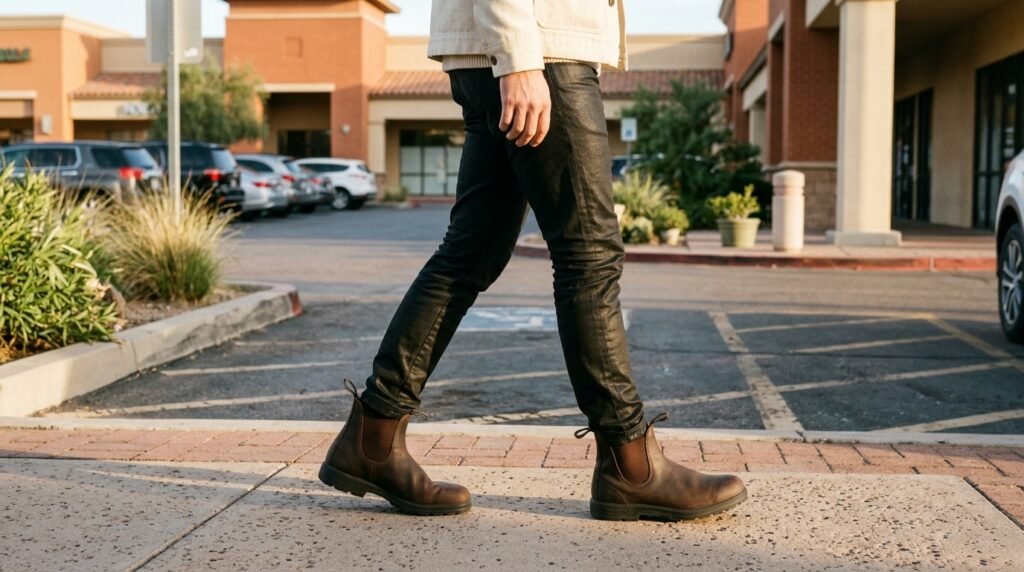 Waterproof leather Chelsea boots and black denim in a parking plaza.