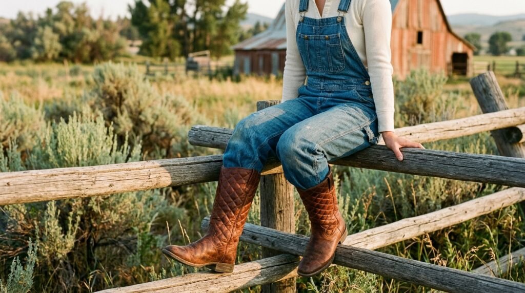 Tall quilted leather boots and denim overalls in a rustic farm field.
