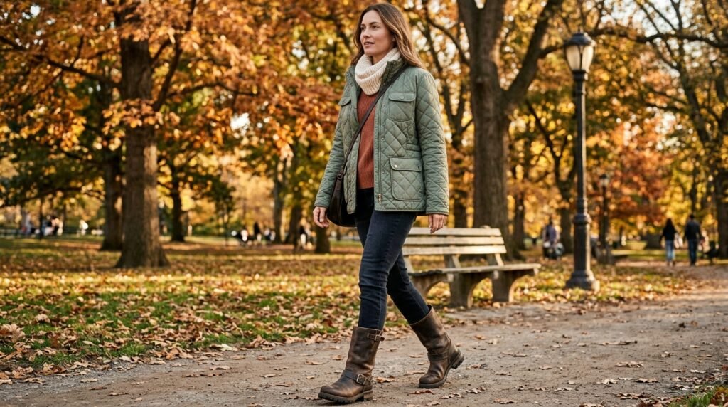 Mid-calf biker boots and a quilted utility jacket in an autumn park.