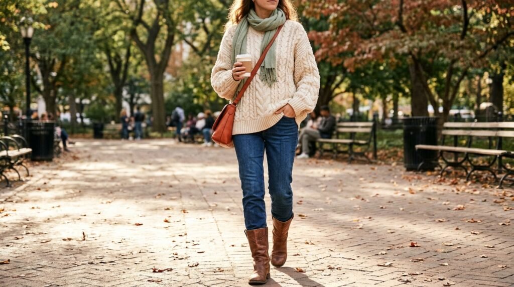 Straight-leg jeans tucked into brown leather boots and a chunky knit sweater on a park walkway.