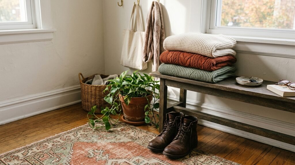 Autumn boots resting neatly near folded fall sweaters in warm apartment light.