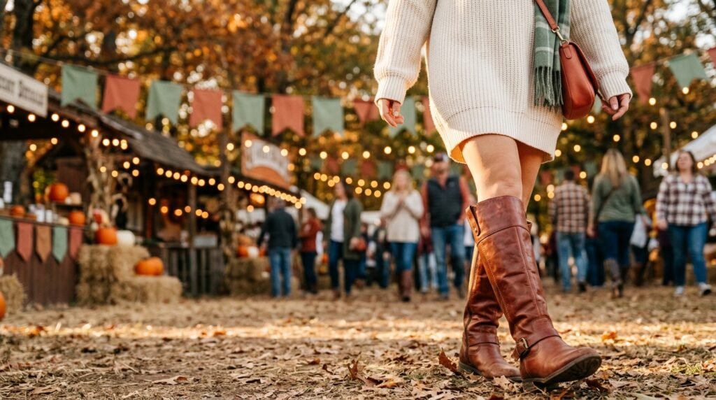 Tall leather riding boots paired with an oversized knit sweater dress at an autumn festival.