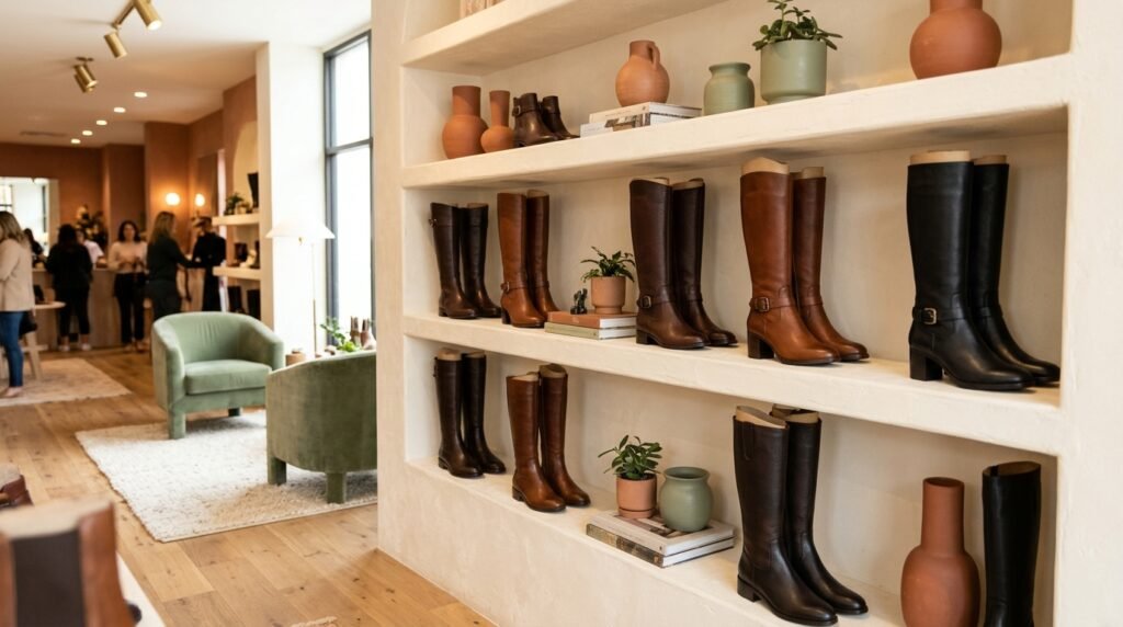 Wide-calf brown and black leather tall boots displayed on a wooden shelf in a luxury boutique.