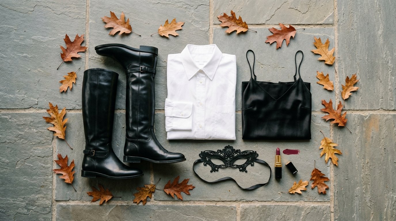 Easy Halloween outfit with boots flat lay featuring tall black boots, white shirt, and accessories.