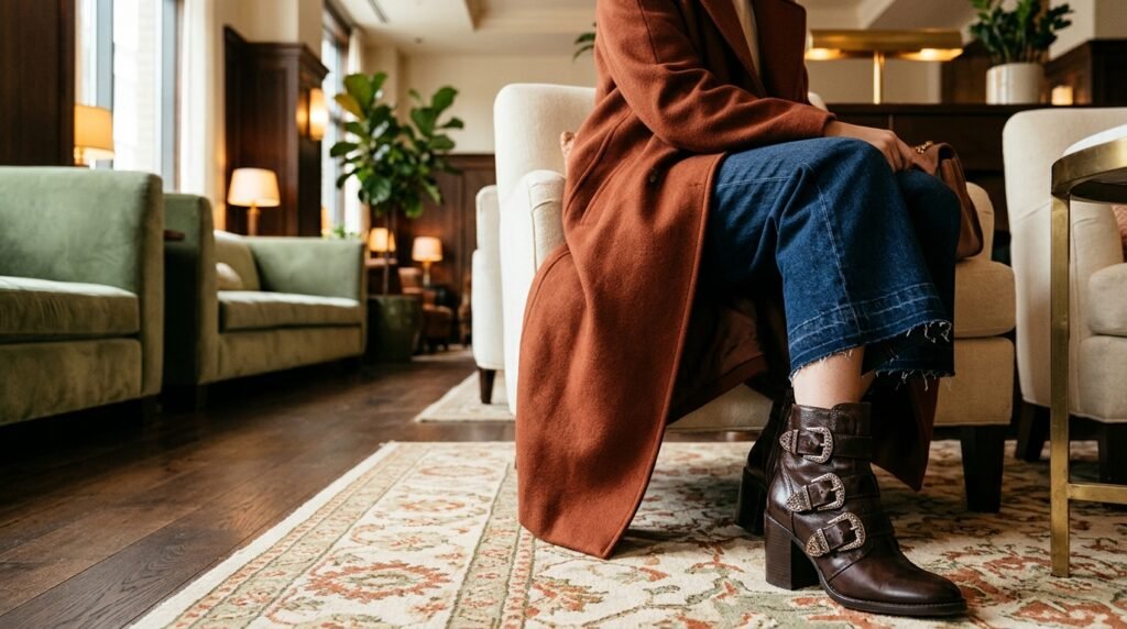 Cropped wide-leg denim worn over heeled buckle ankle boots with a wool coat in a hotel lounge.