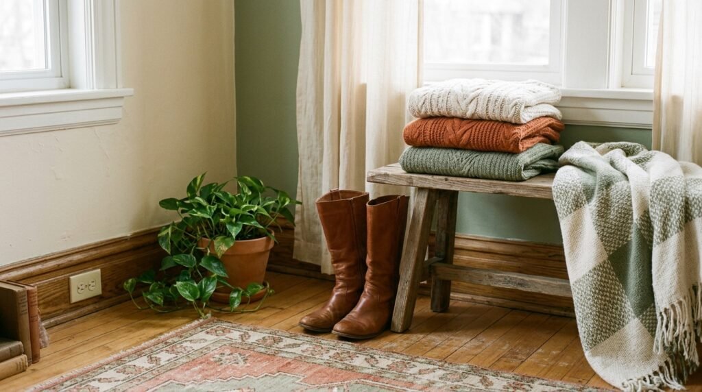 Tall leather boots resting neatly near folded winter sweaters in warm apartment light.