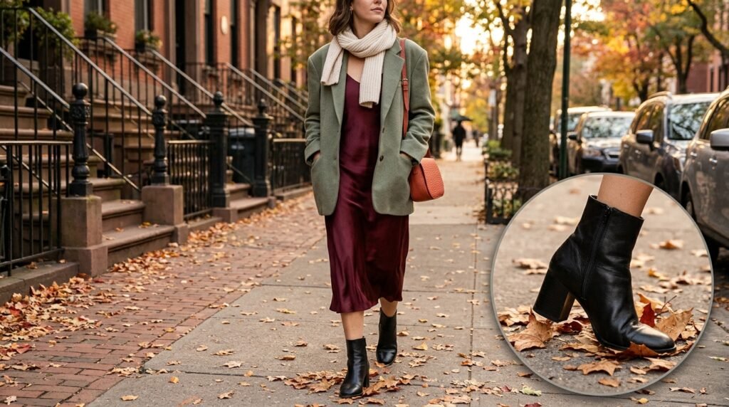 A burgundy satin dress layered with a blazer and black leather ankle boots on a city sidewalk.