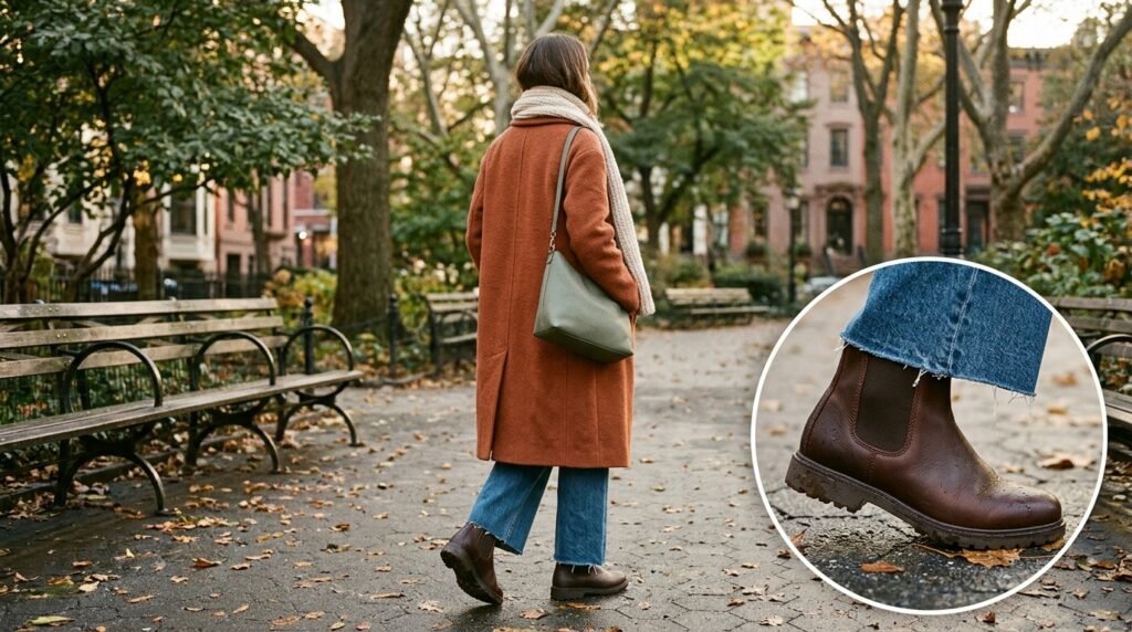 Waterproof leather Chelsea boots, denim, and a wool coat on a city park walkway.