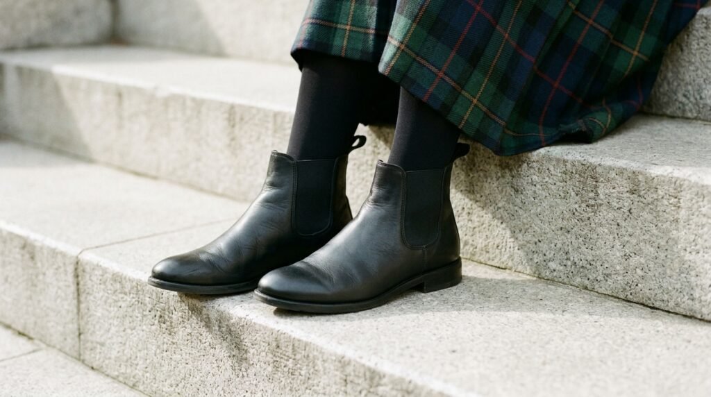 Minimalist leather Chelsea boots resting on a concrete step next to a tartan plaid skirt and tights.