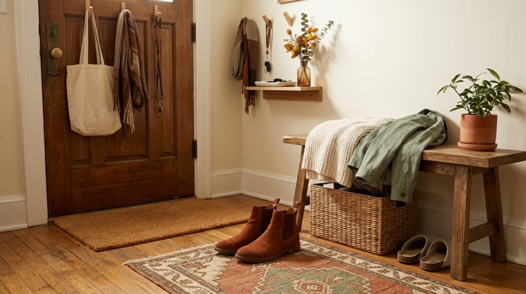 A pair of clean autumn boots resting neatly by an apartment entryway in daylight.