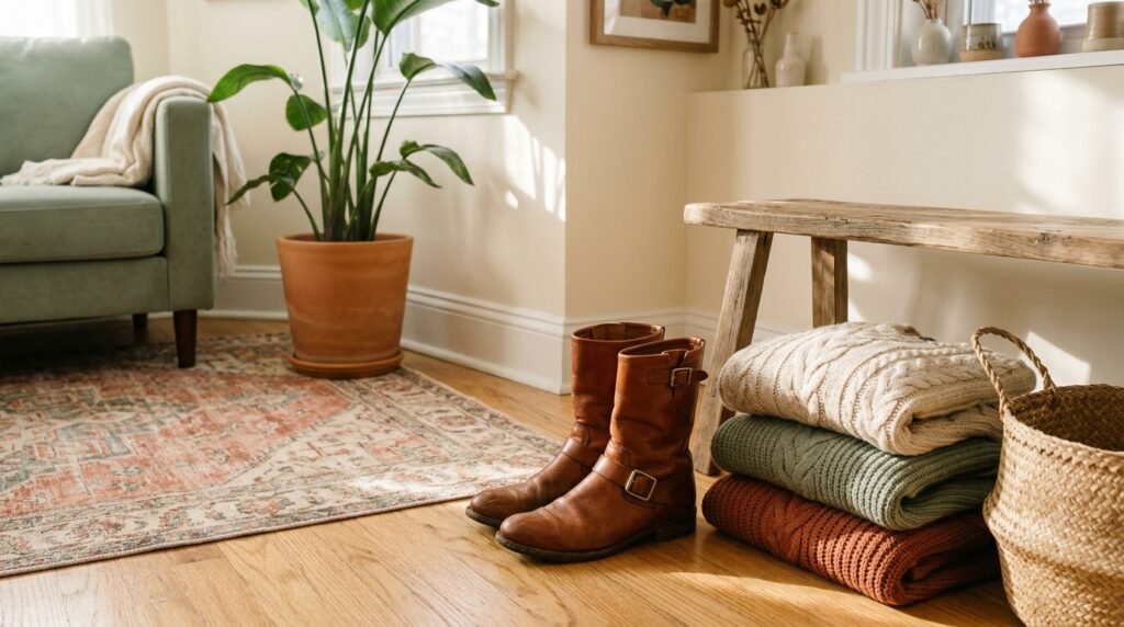 Leather buckle boots resting neatly near folded fall sweaters in warm apartment light.