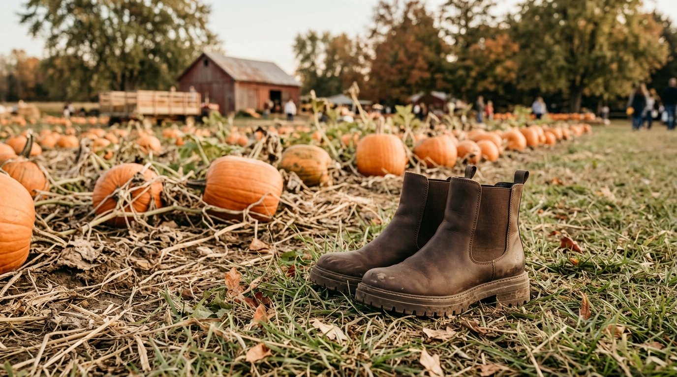 A pair of stylish waterproof ankle boots resting on grass at an autumn pumpkin patch farm.