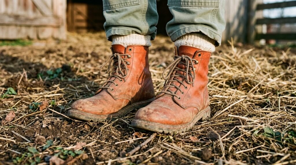 A close-up view of leather lace-up combat boots standing on farm dirt and straw.