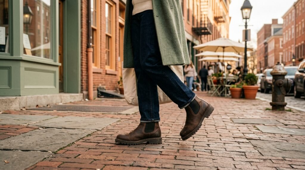 Rugged lug-sole Chelsea boots worn on a paved European city sidewalk.