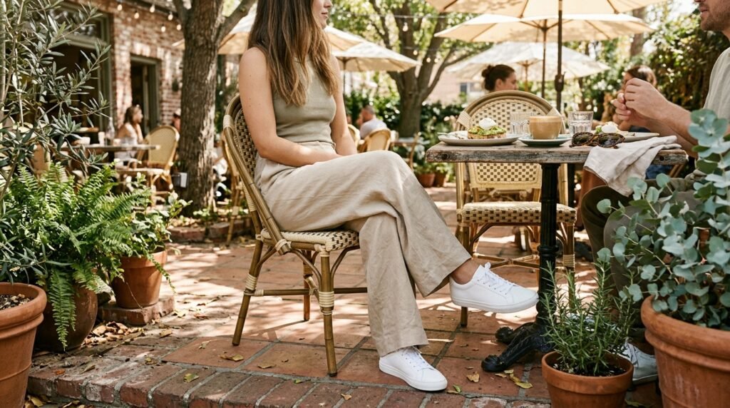 Wide-leg sand linen pants and clean white sneakers on a cafe patio.
