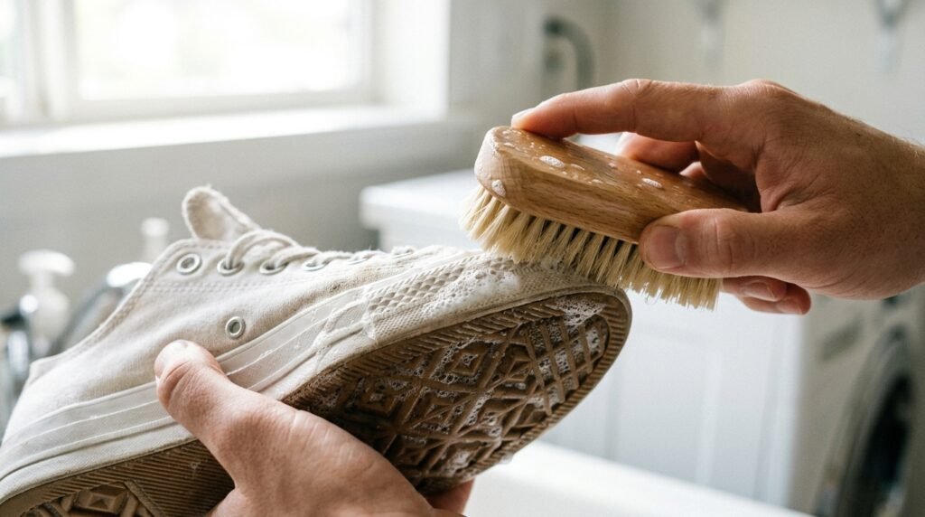 A soft-bristled brush cleaning the rubber sole of a white sneaker with a gentle foam lather.]