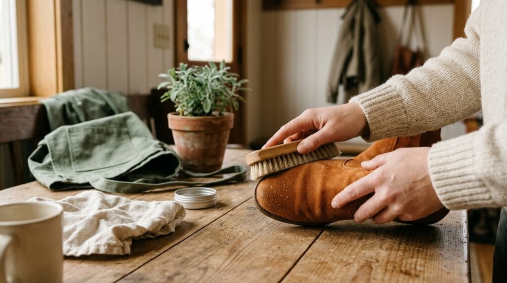 A suede boot being brushed gently with a dry suede brush on a wooden tabletop.