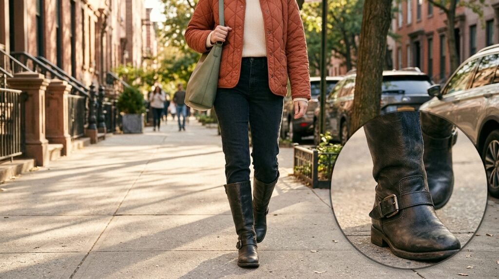Dark straight jeans tucked into knee-high buckle boots with a quilted jacket on a sidewalk.