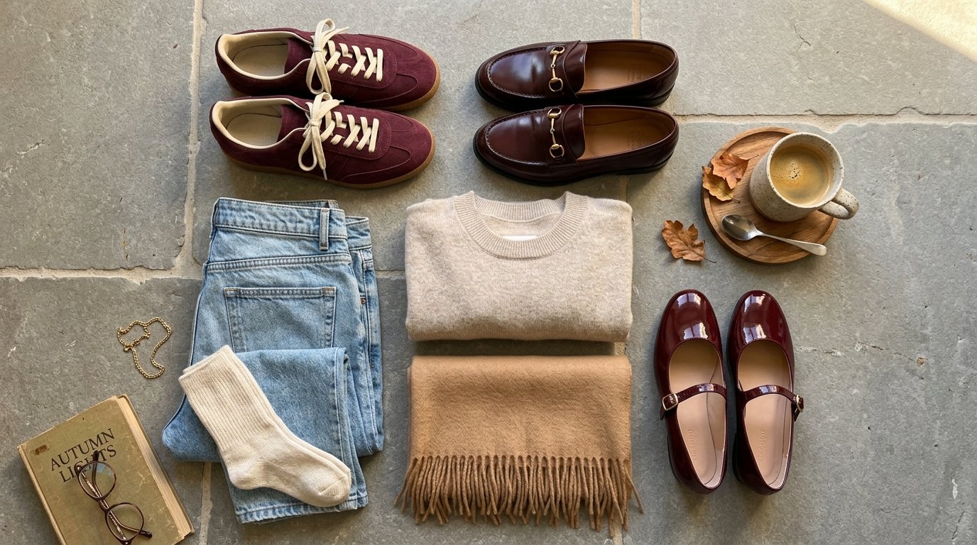 Burgundy shoes casual outfit flat lay with wine sneakers, loafers, flats, and knitwear on limestone.