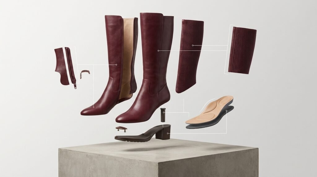 Technical cross-section diagram of an ergonomic burgundy knee-high boot showing comfort features.