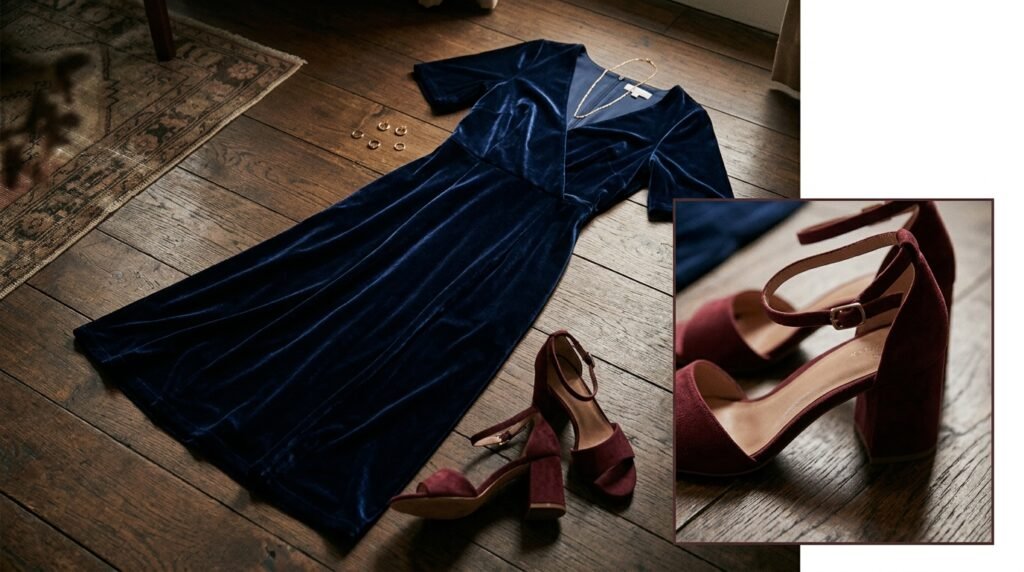 A navy blue velvet midi dress paired with burgundy block heel sandals on a wooden floor.