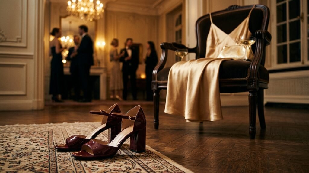 A champagne-gold silk slip dress next to burgundy block heel sandals and a gold clutch on a chair.