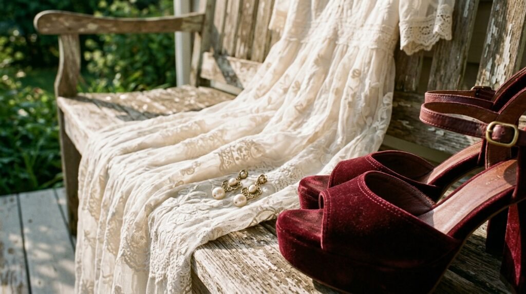 An off-white lace dress and burgundy platform sandals resting on a rustic wooden bench.