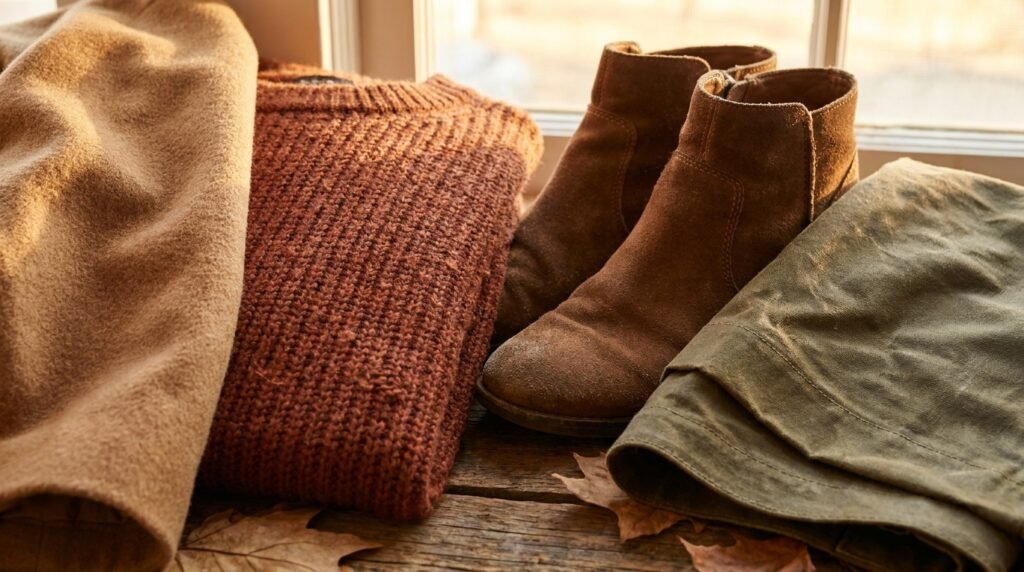 Warm tones and rich textures for fall outfits with ankle boots