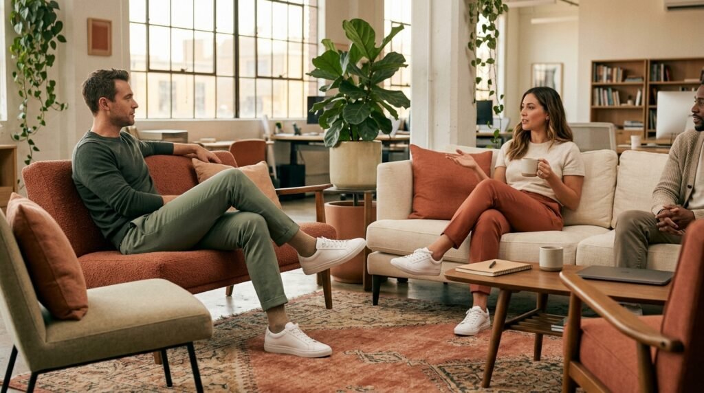 Tailored trousers and clean white sneakers in a casual Friday office lounge.