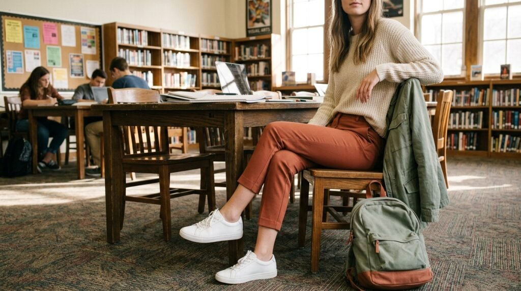 Cigarette pants paired with clean white leather sneakers in a school library.