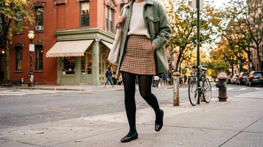 A wool tweed mini skirt, black tights, and patent leather flats on a city street.