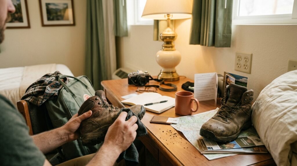 A pair of leather travel boots being cleaned with a cloth in a hotel room.