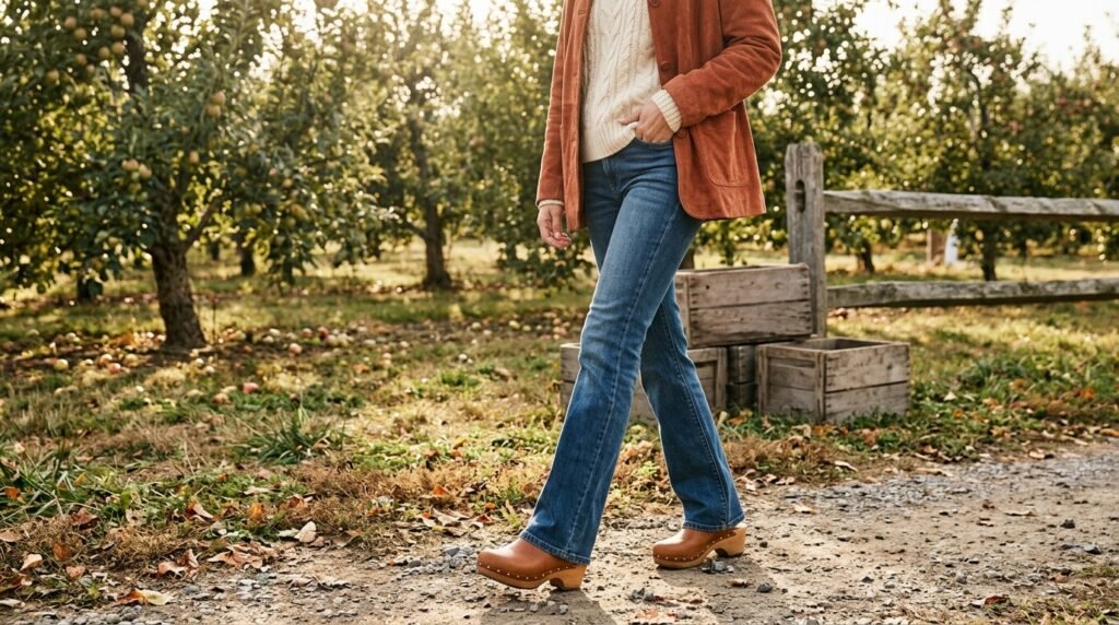 Wooden-sole clogs paired with bootcut jeans and a suede jacket in an orchard.