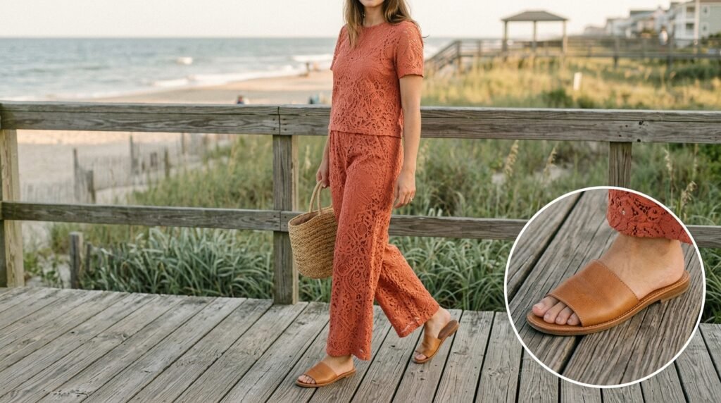 A coral lace matching set and tan leather slide sandals on a coastal boardwalk.