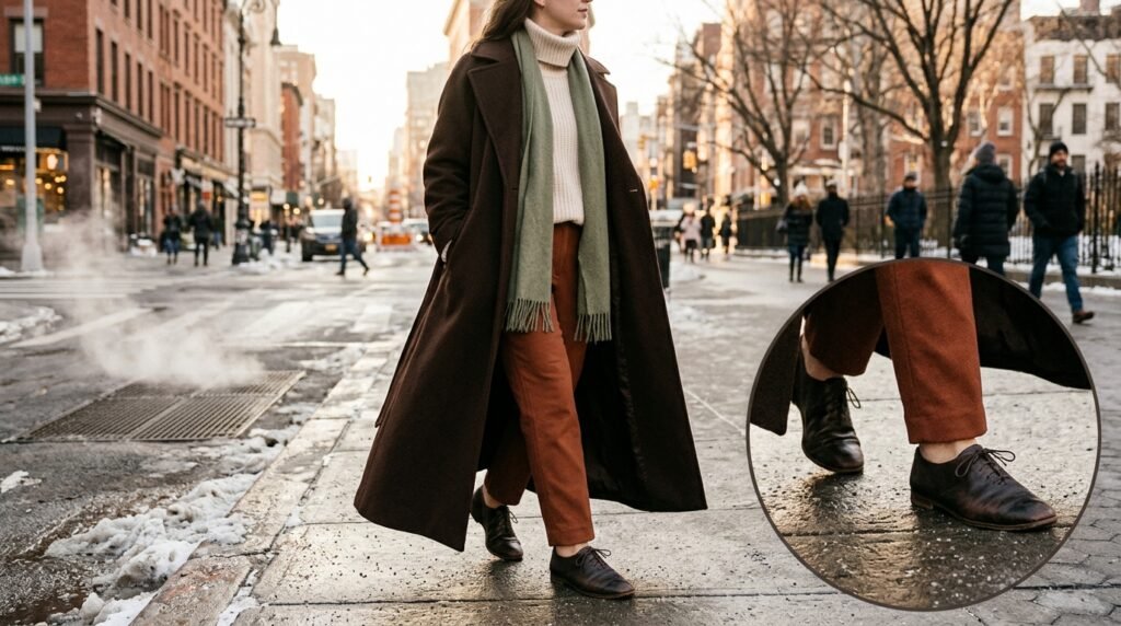 A floor-skimming chocolate brown wool coat, tonal layers, and leather jazz flats on a winter street.