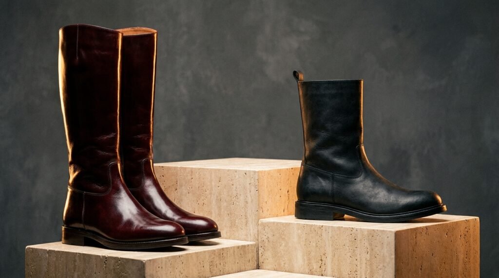 Studio comparison of rich burgundy leather boots versus flat black boots on display blocks.