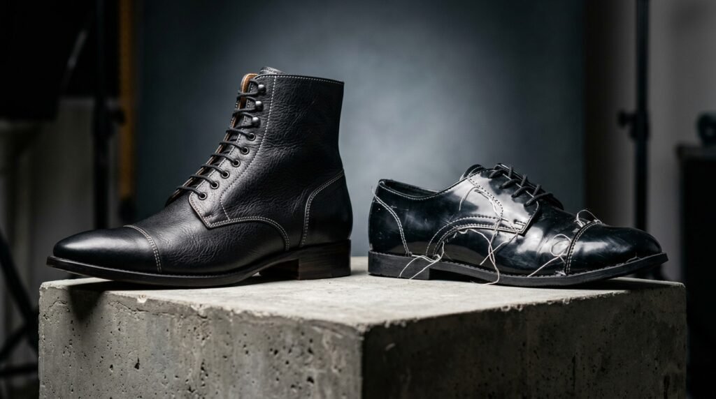Comparison of a high-quality leather costume boot versus a cheap plastic costume shoe.