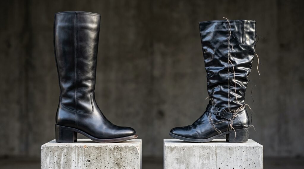Comparison of a high-quality leather knee-high boot versus a thin costume shoe.