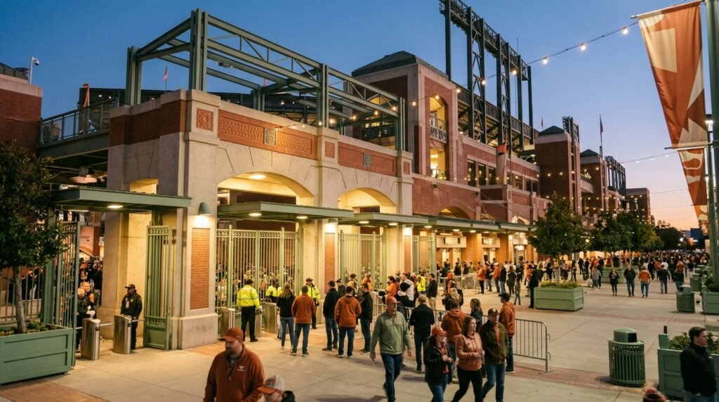 Concrete stadium gate entrance under twilight lighting.