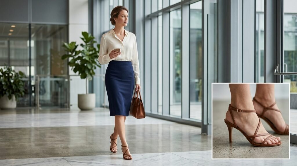 A navy pencil skirt, an ivory silk blouse, and brown strappy heeled sandals in a professional setting