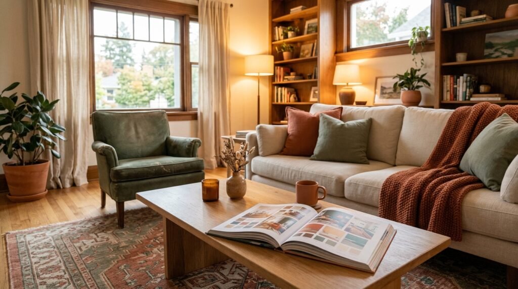 An open style guide book resting on a wooden coffee table in a warm room setting.