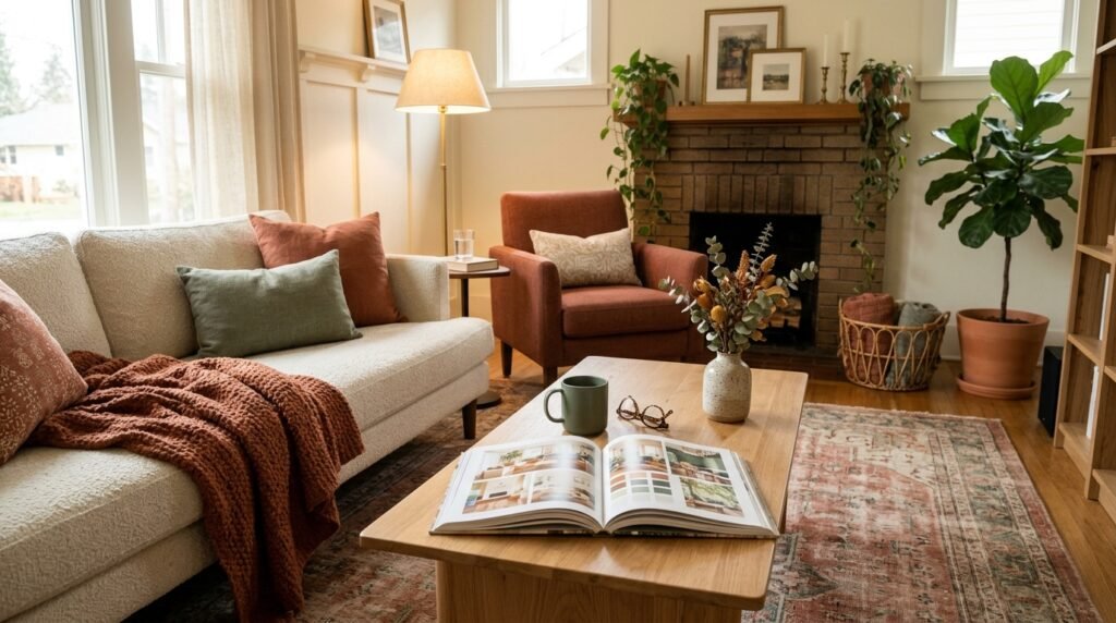An open book resting on a wooden coffee table in a warm room setting.