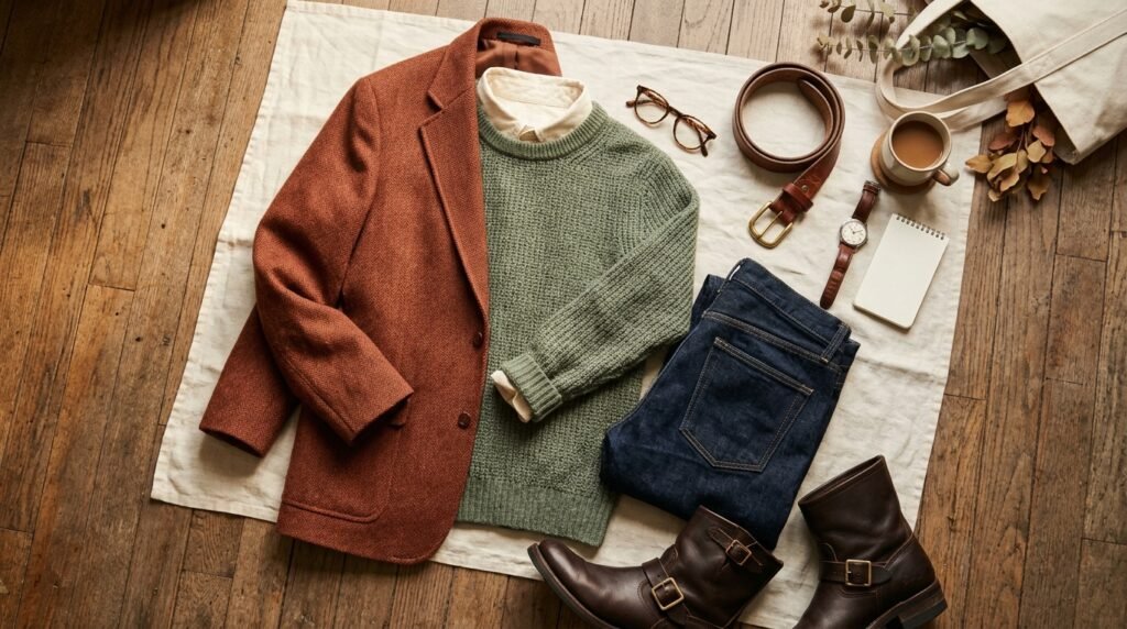 Dark denim, a wool blazer, a knit sweater, and buckle boots arranged as a flatlay.