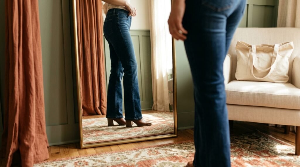 Bootcut denim hems resting neatly over heels in a dressing room mirror.