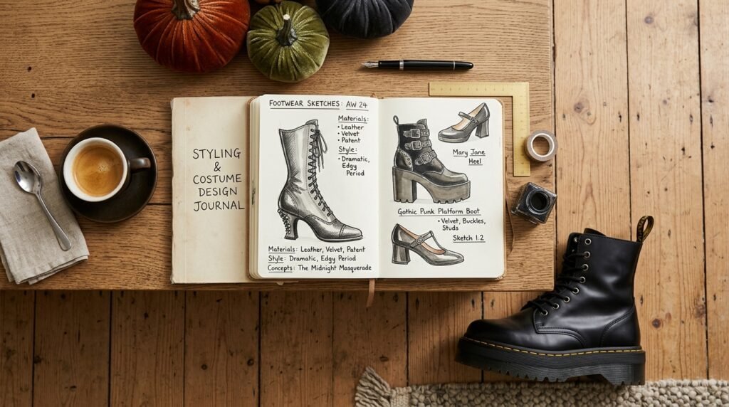 Workspace flat lay with fashion notebook, coffee cup, and Halloween costume shoes.