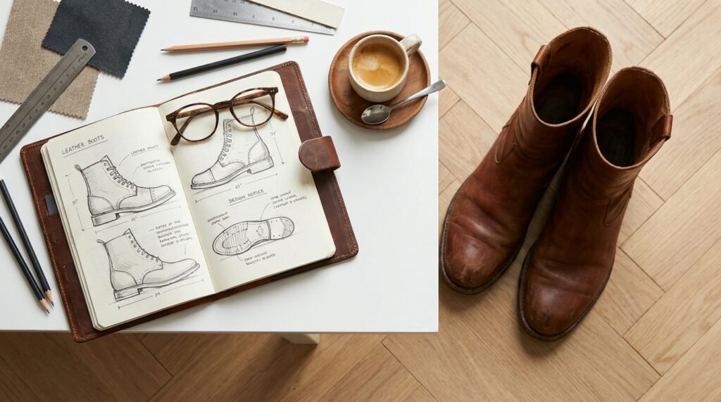 Workspace flat lay with fashion sketchbook, coffee cup, and leather knee-high boots.