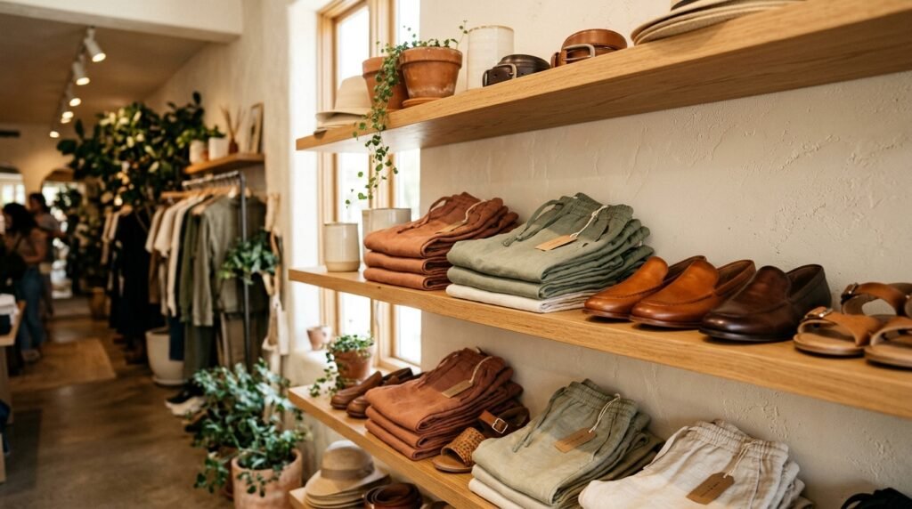 Folded linen trousers displayed next to sleek leather loafers and sandals on a shelf.