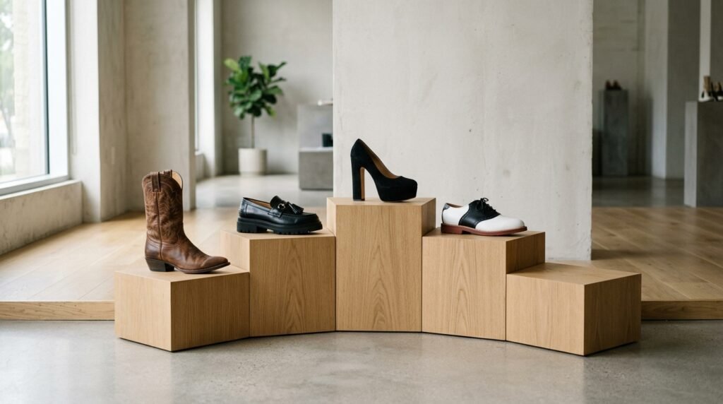 Display of four iconic Halloween costume shoe silhouettes on wooden showroom pedestals.