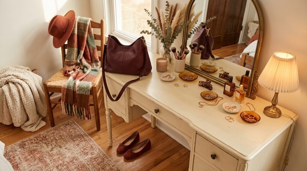 Fall accessories, a burgundy leather handbag, and ballet flats arranged on a dressing table.